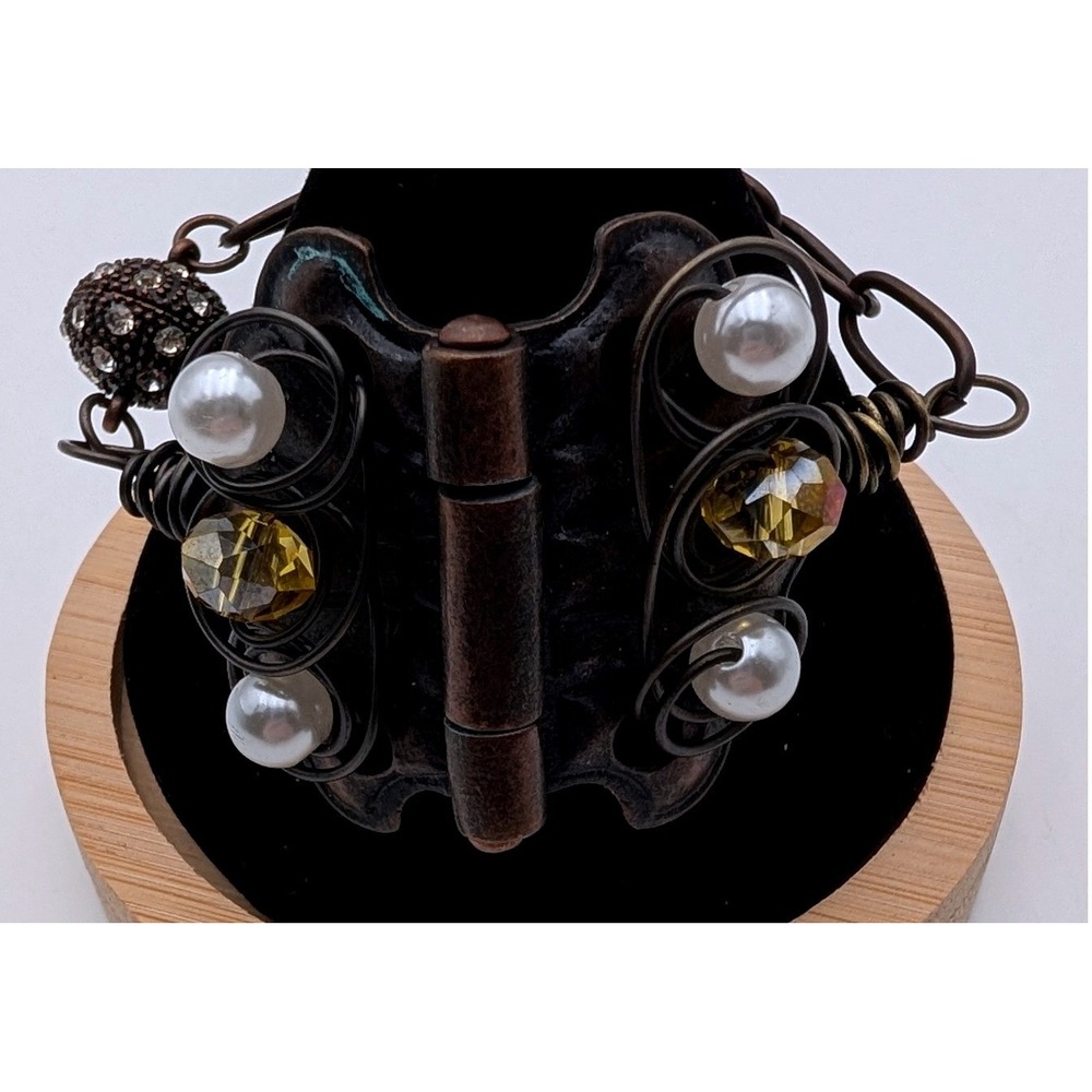 Steampunk Hinged Cuff Bracelet Bronze Tone Faux Pearl Amber Crystal Magnetic